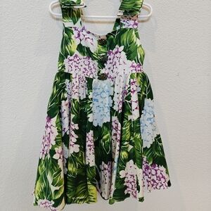 Girls Hydrangea Floral Dress – Green & Purple – Tie Shoulder – Boutique Style